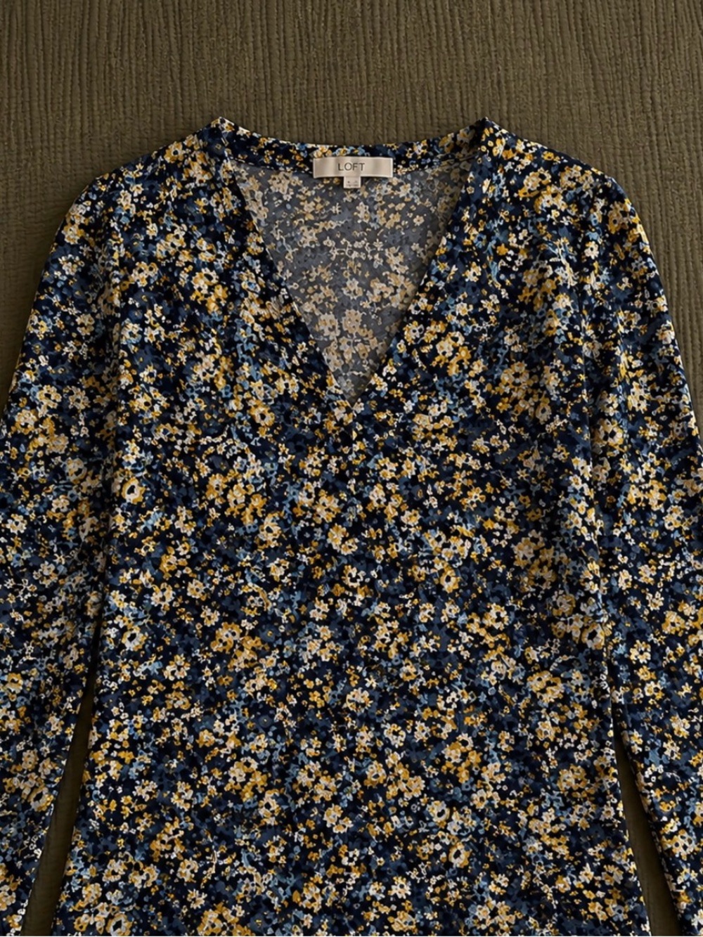 LOFT Navy Floral V-Neck Long Sleeve Blouse
